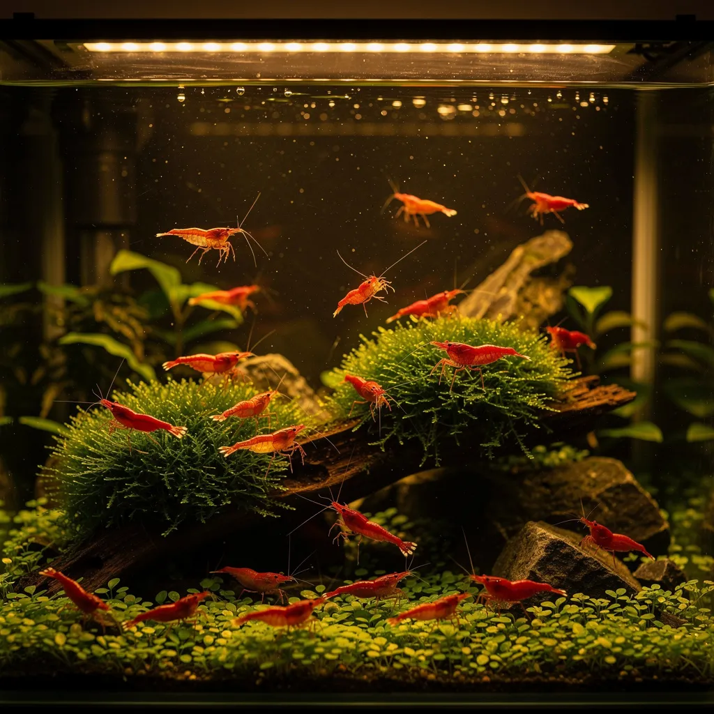 Garnelen während der Dämmerungsphase: Aktives Verhalten bei gedimmtem Abendlicht im Aquascape
