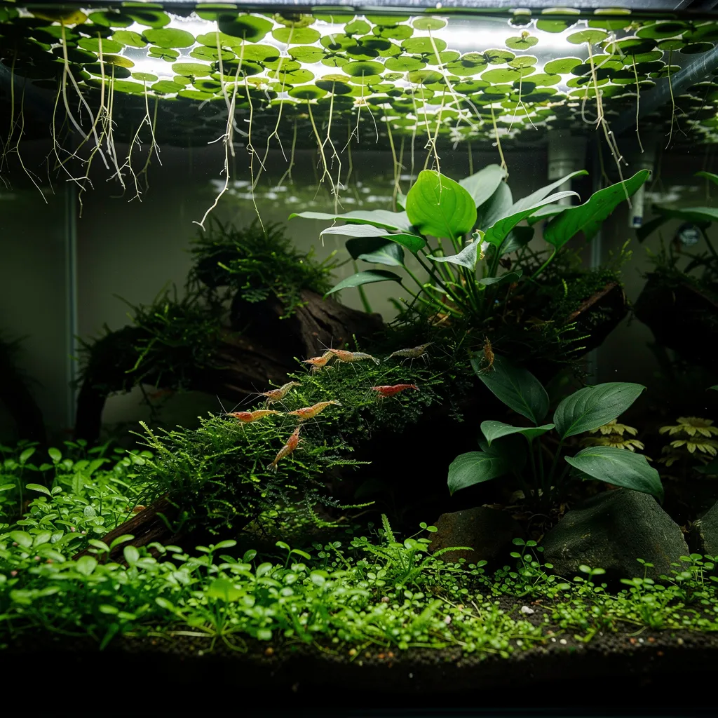 Natürliche Schattenzonen unter Schwimmpflanzen: Garnelen bevorzugen die geschützten Bereiche