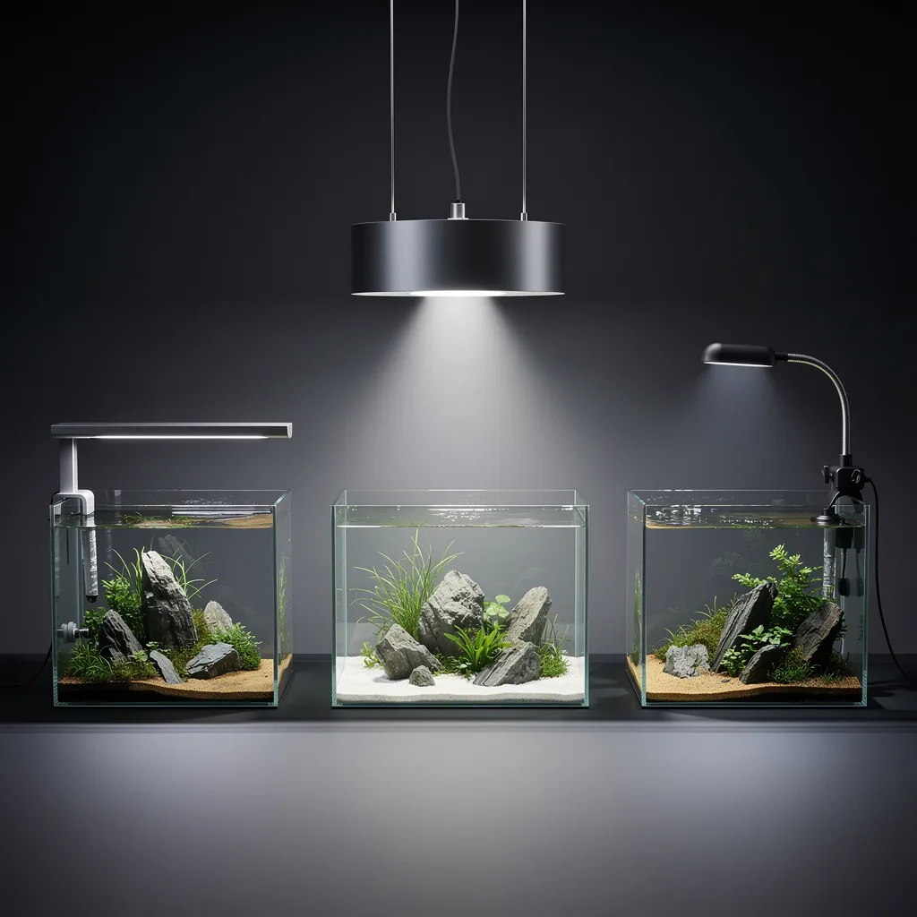 Drei LED-Leuchtentypen fürs Aquascaping: Aufsetzleuchte, Hängelampe und Clip-on-LED im Vergleich