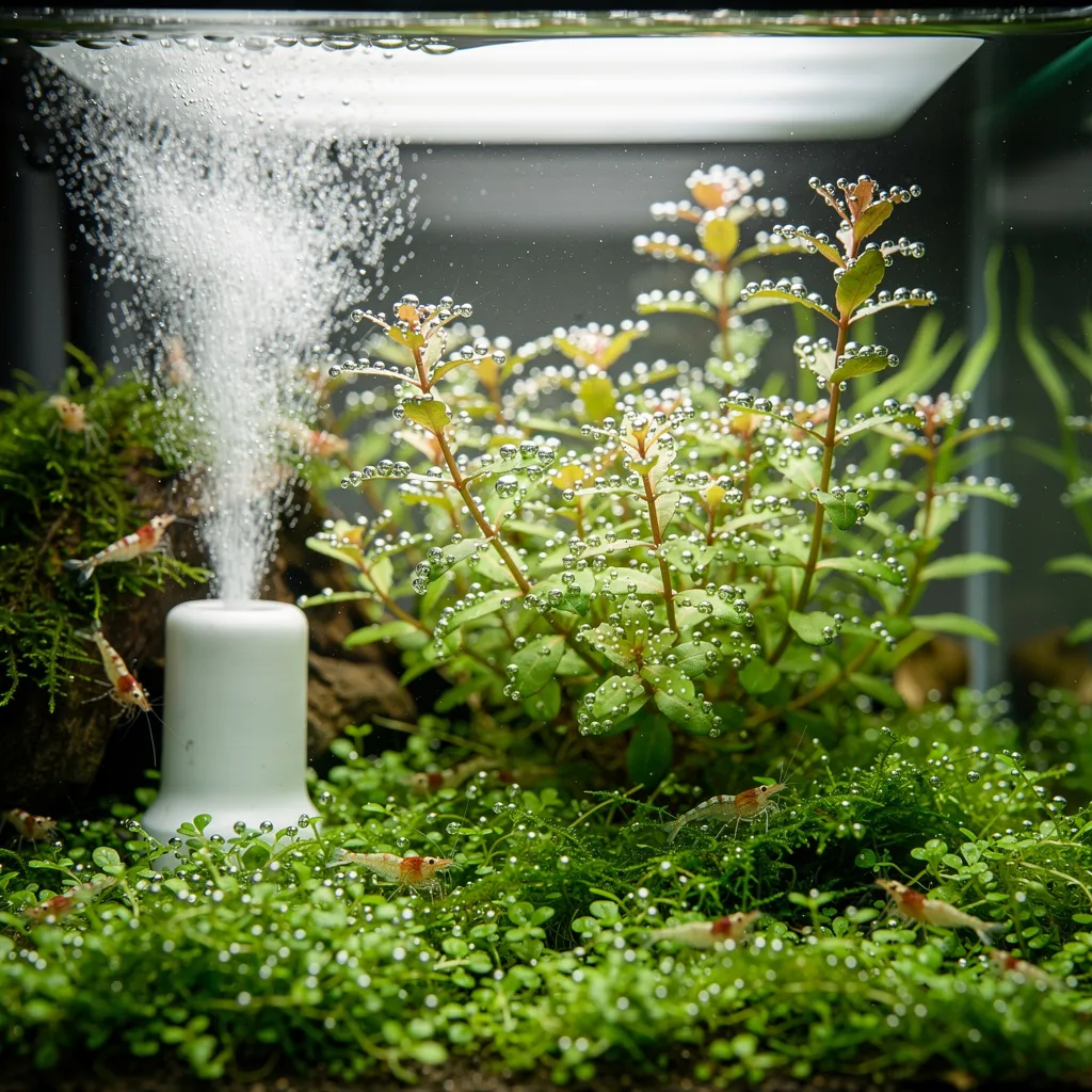 Sauerstoff-Perlung an Pflanzenblättern: Bläschen steigen unter starker LED-Beleuchtung mit CO2 auf