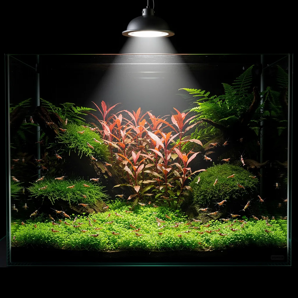 Lichtzonierung im größeren Aquascape: Helles Zentrum für Bodendecker, schattige Ränder für Moose