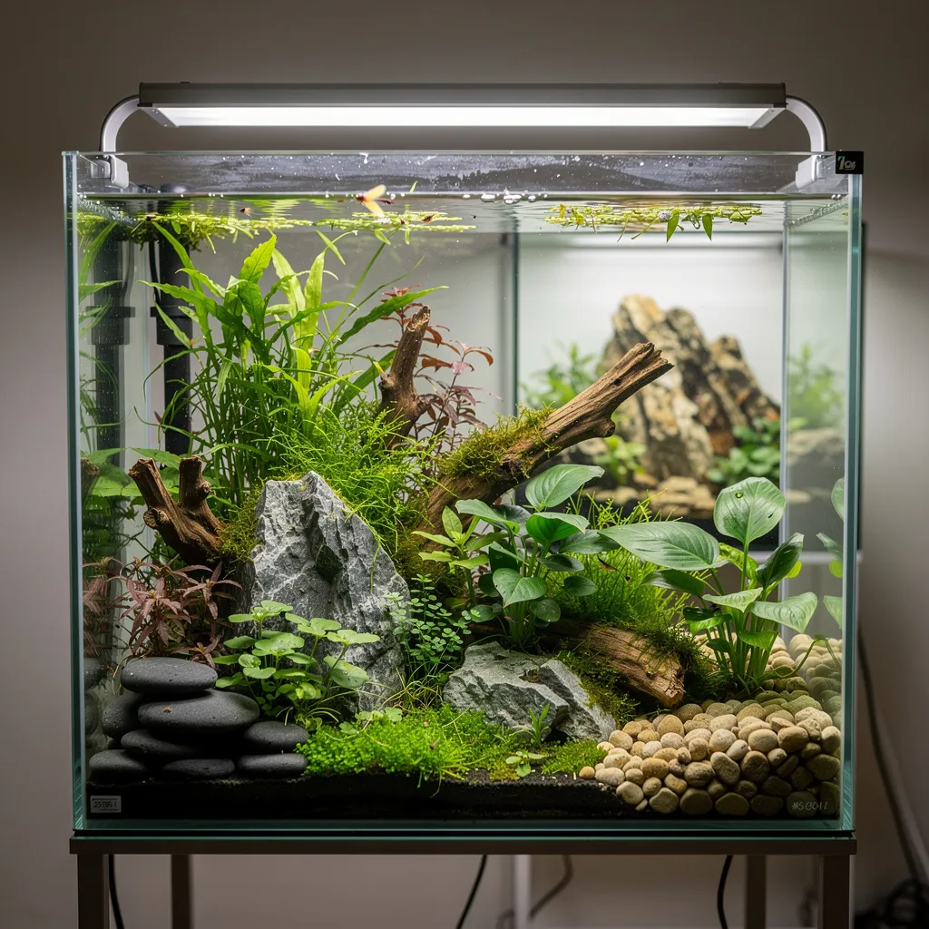 Überladenes Nano-Aquascape: Zu viele Materialien und Pflanzenarten ohne klaren Fokuspunkt