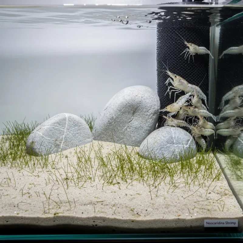Gestresste Garnelen verstecken sich hinter dem Filter in einem minimalistischen Aquascape ohne Rückzugsorte