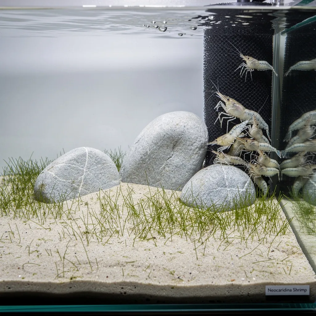 Gestresste Garnelen verstecken sich hinter dem Filter in einem minimalistischen Aquascape ohne Rückzugsorte