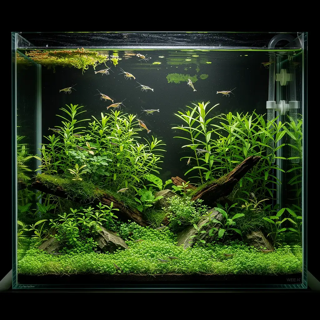 Aquascape nach der Algenphase in Woche 8: Pflanzen wachsen gesund, Wasser ist kristallklar