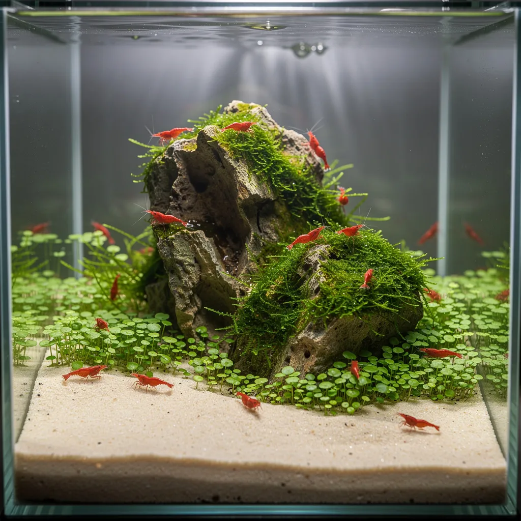 Perfekt gestaltetes Nano-Aquascape mit Drachenstein, Moos und Garnelen