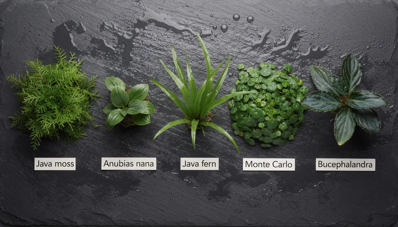 Beliebte Aquarienpflanzen für Garnelenbecken: Javamoos, Anubias, Javafarn und Bucephalandra