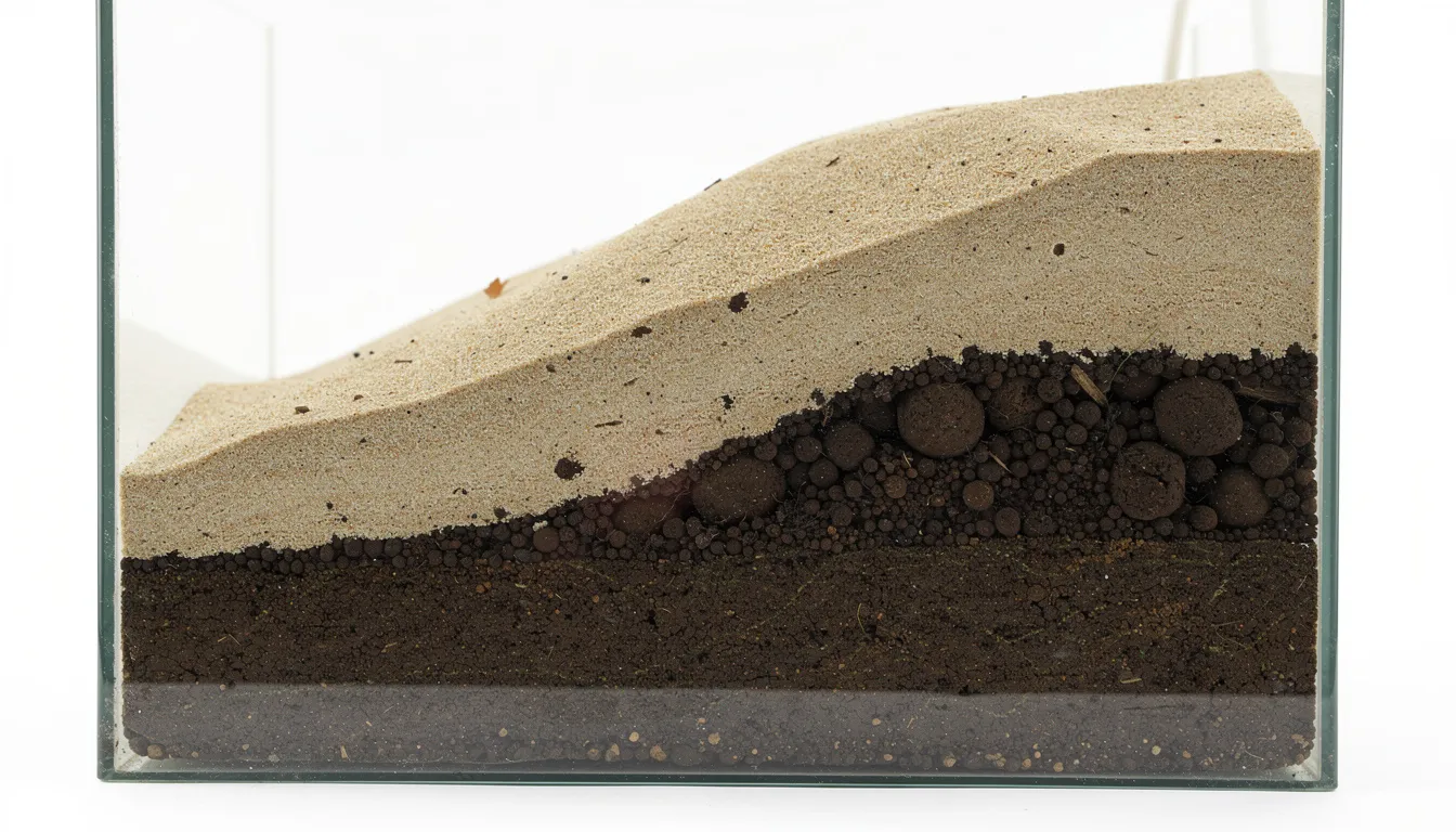 Querschnitt der Bodengrund-Schichtung: Nährboden, Soil und dekorativer Sand