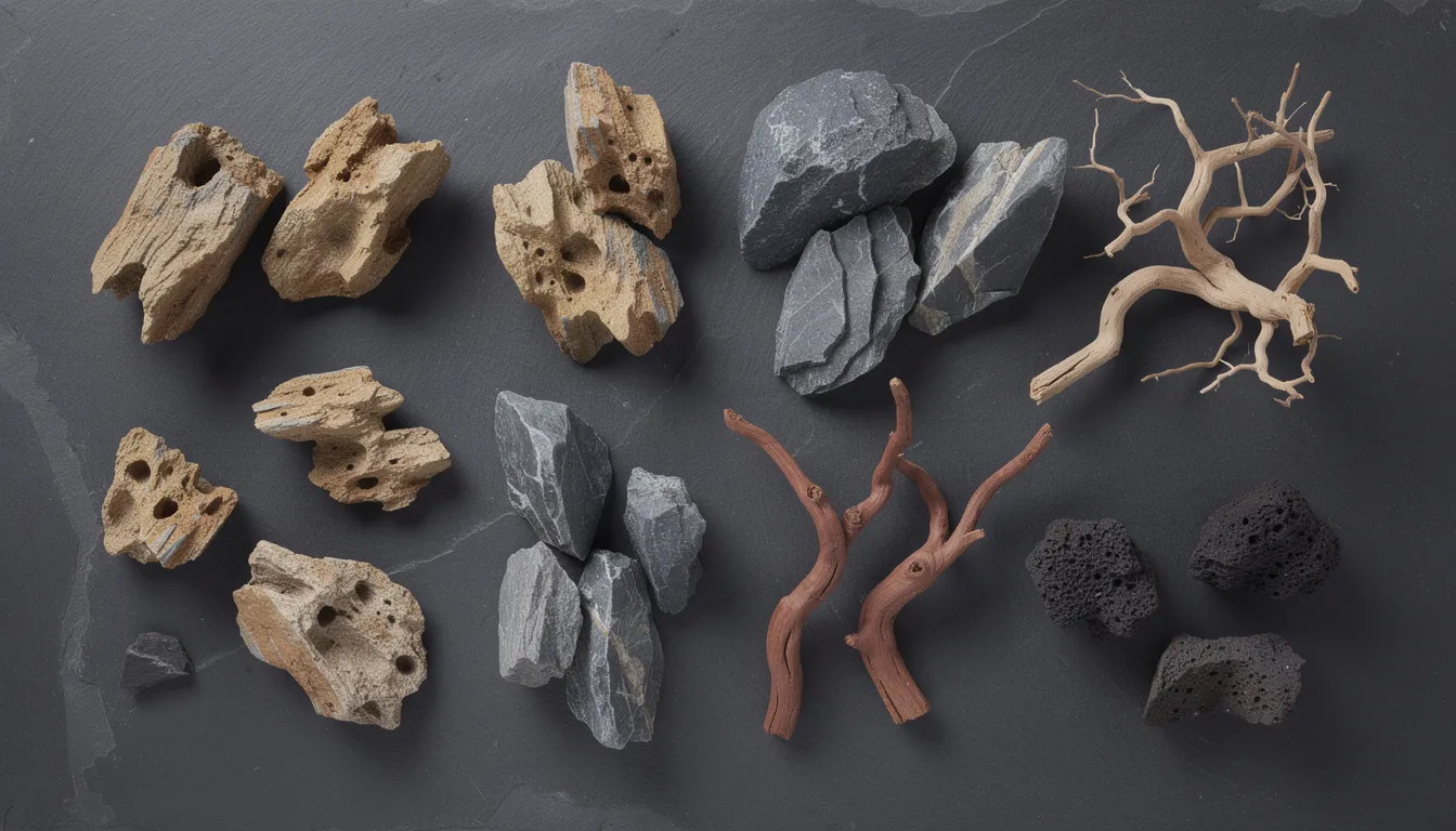 Verschiedene Hardscape-Materialien für Aquascaping: Drachenstein, Seiryu, Spiderwood und Lavagestein