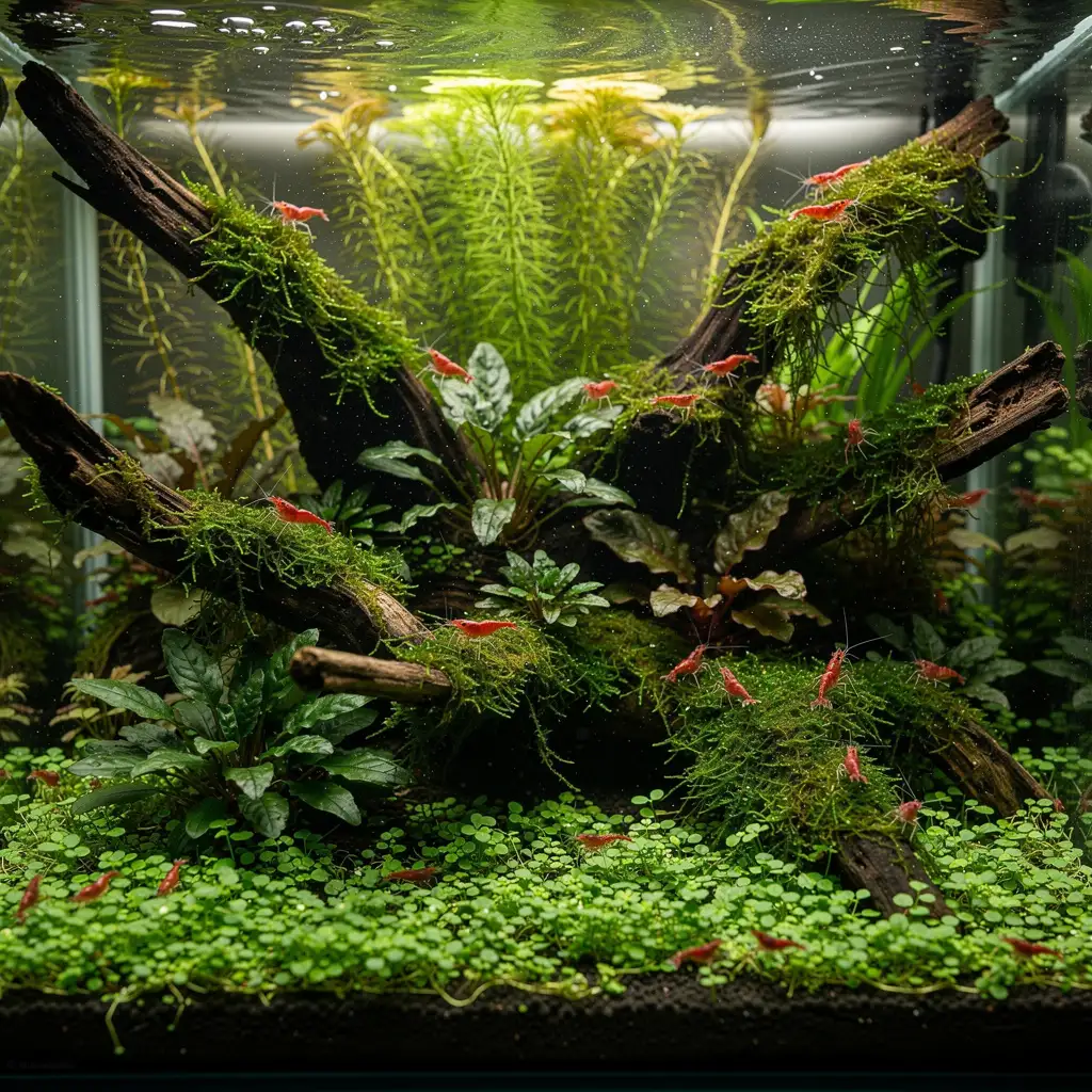 Verschiedene Aquarienpflanzen in Vordergrund, Mittelgrund und Hintergrund eines bepflanzten Garnelenbeckens