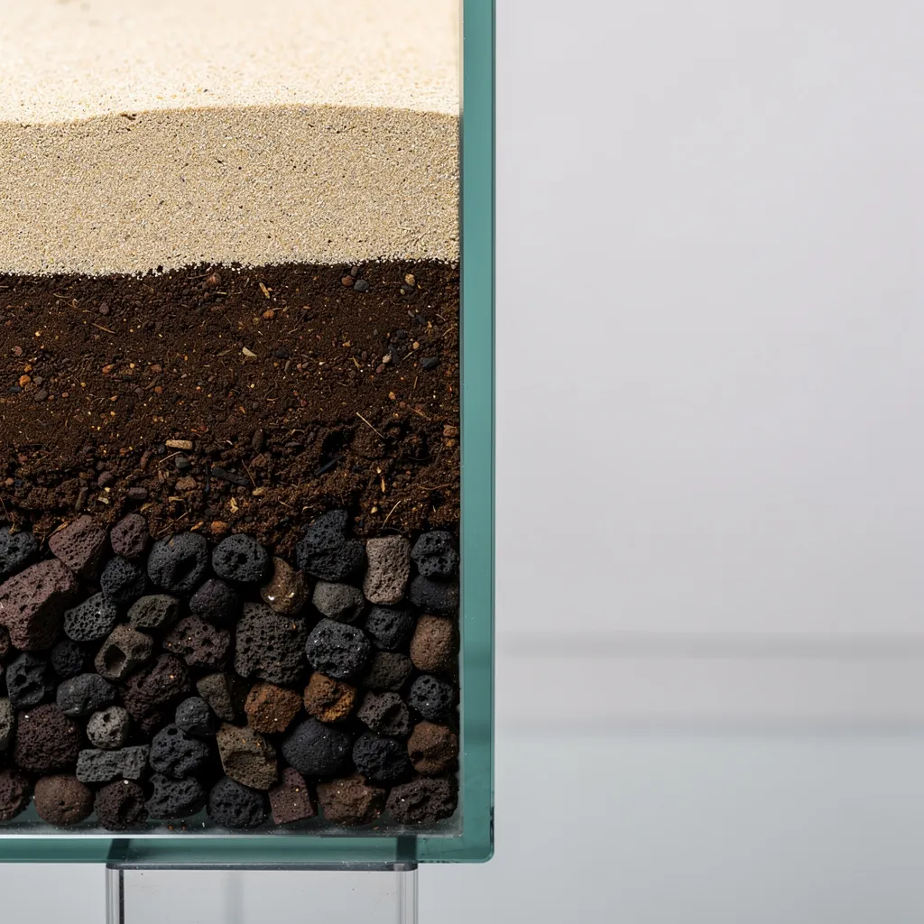 Bodengrund-Schichtung im Aquascape mit Soil, Nährboden und dekorativem Sand im Vordergrund