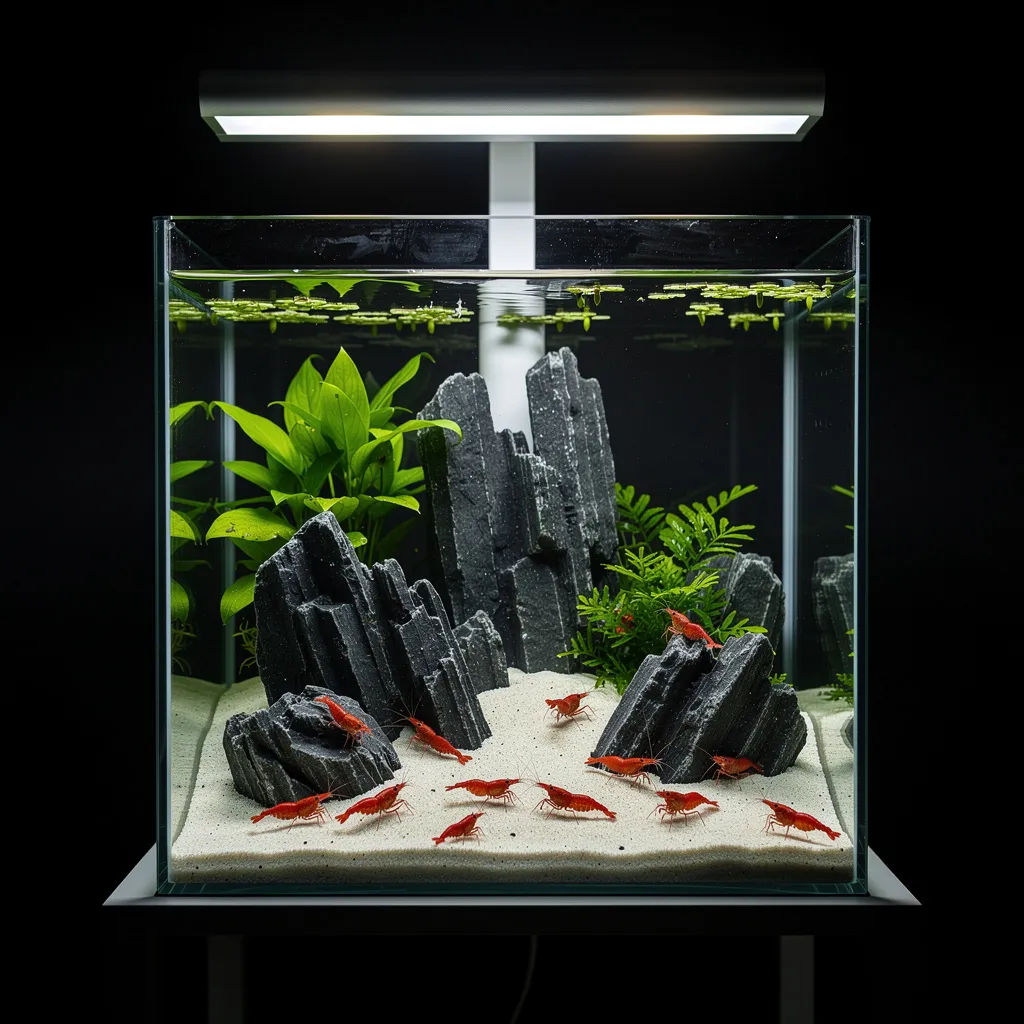LED-Beleuchtung über einem Nano-Aquascape mit natürlichem Lichtgefälle und Schattenzonen