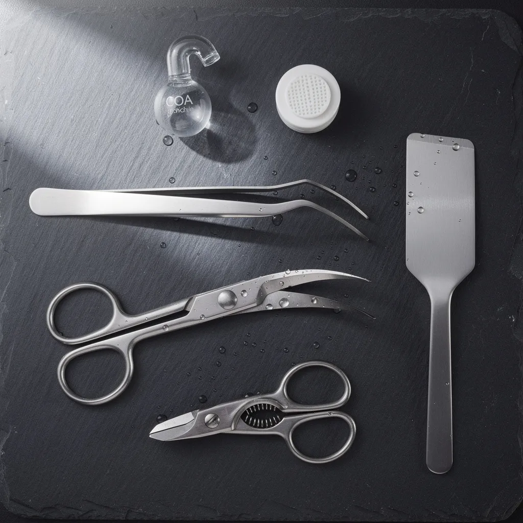 Aquascaping-Werkzeug-Set: Pinzetten, Scheren, Spatel und CO2-Zubehör auf Schieferplatte