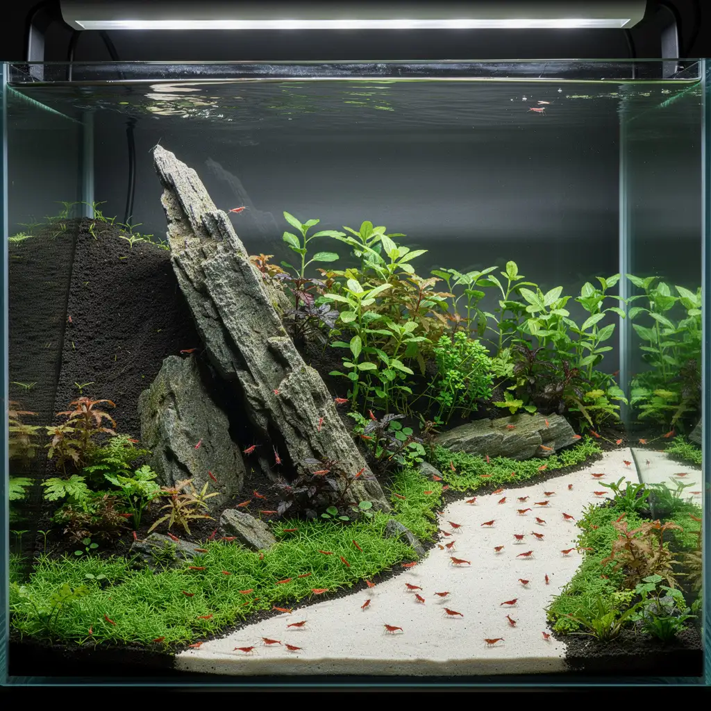 Aquascape-Layout mit Drittelregel: Fokuspunkt im linken Drittel mit Tiefenwirkung durch Sandweg