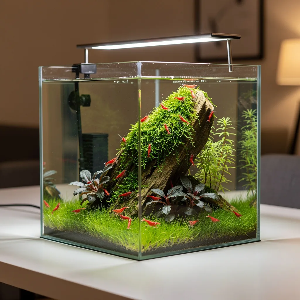 Nano-Aquascape im 20-Liter-Cube mit Drachenstein, Moos und roten Garnelen auf dem Schreibtisch