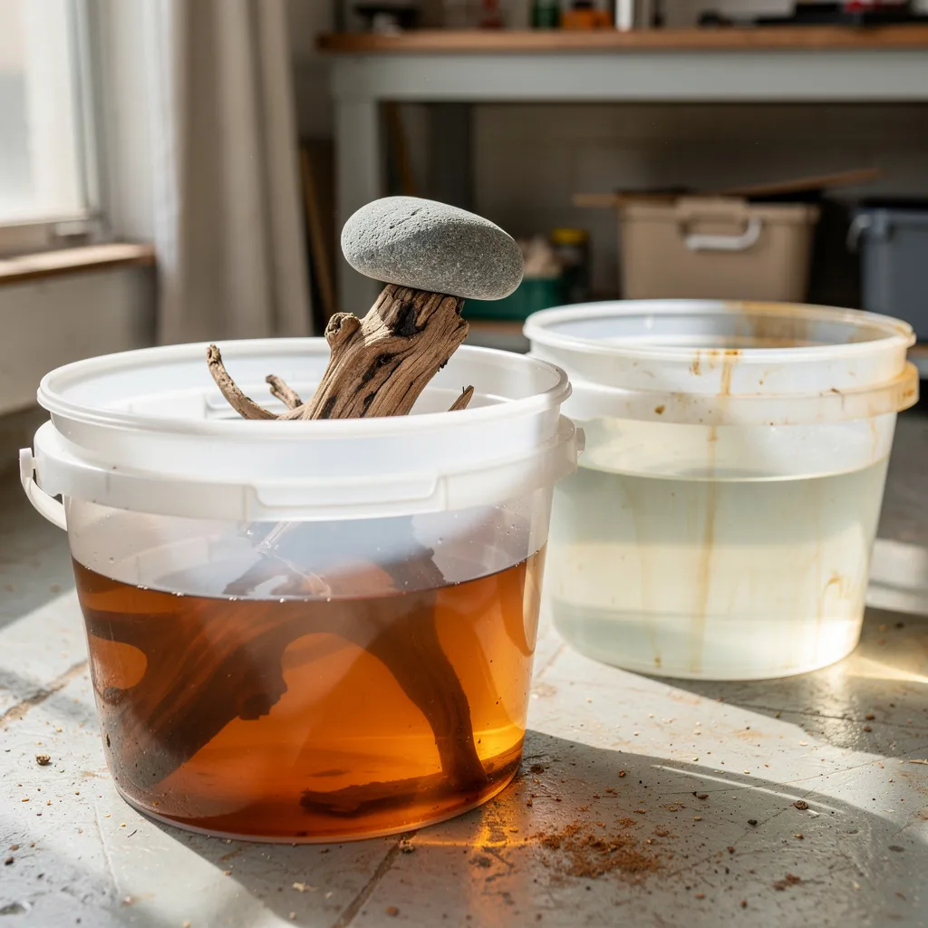 Spiderwood wird in einem Eimer gewässert, beschwert mit Stein, Gerbstoffe färben das Wasser braun