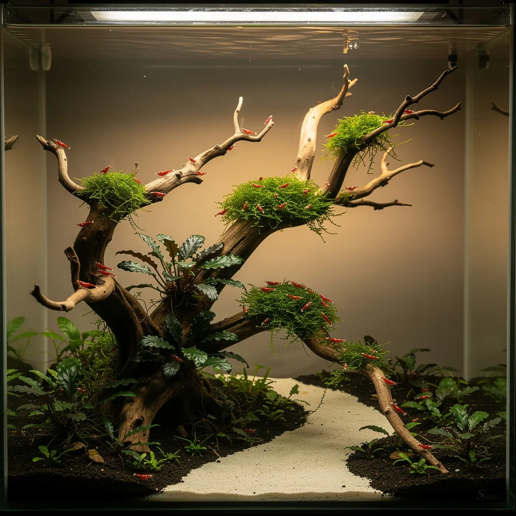 Spiderwood-Aquascape im Goldenen Schnitt mit Moos, Bucephalandra und grasenden Garnelen