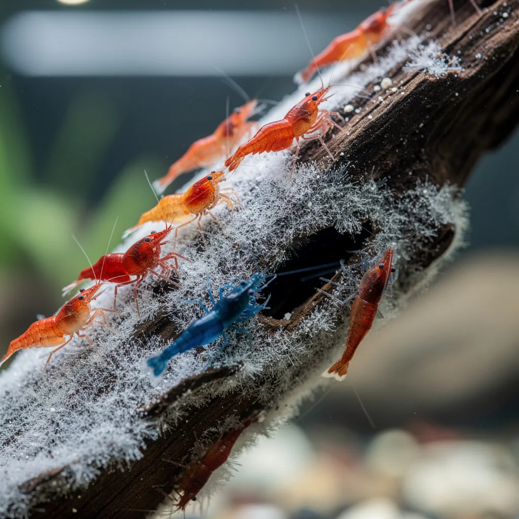 Weißer Bakterienbelag auf frisch eingesetztem Holz wird von Garnelen als Futter abgefressen