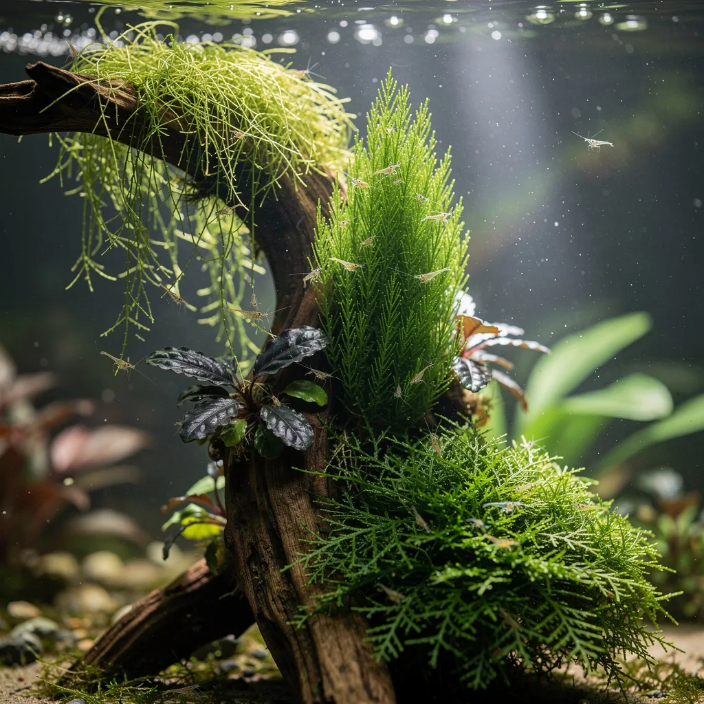 Drei Moosarten und Bucephalandra auf einer bewachsenen Wurzel: Weeping, Flame und Christmas Moos