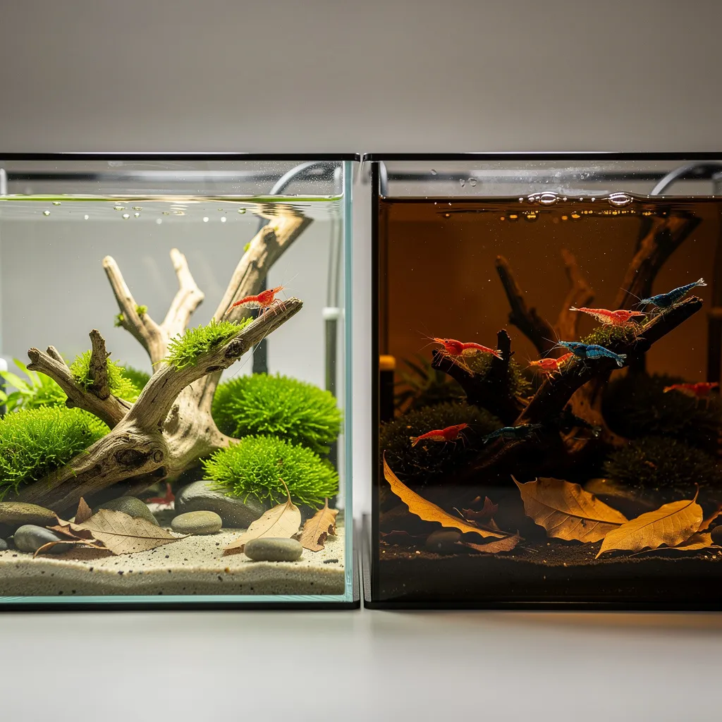 Vergleich Klarwasser vs. Schwarzwasser: Zwei Garnelenbecken mit und ohne Huminstoffe durch Holz