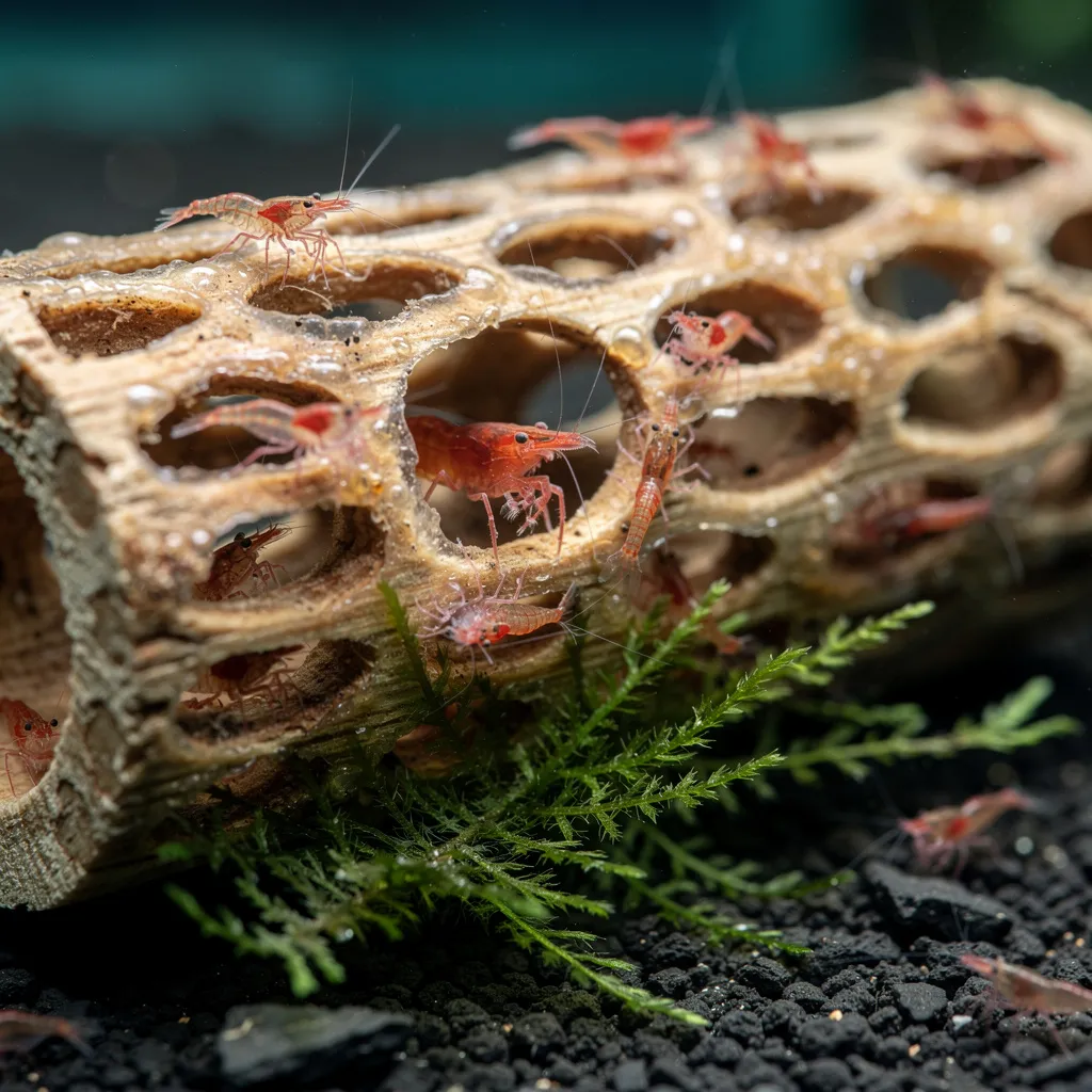 Cholla-Holz-Röhre im Garnelenbecken: Jungtiere und erwachsene Garnelen nutzen die Löcher als Versteck