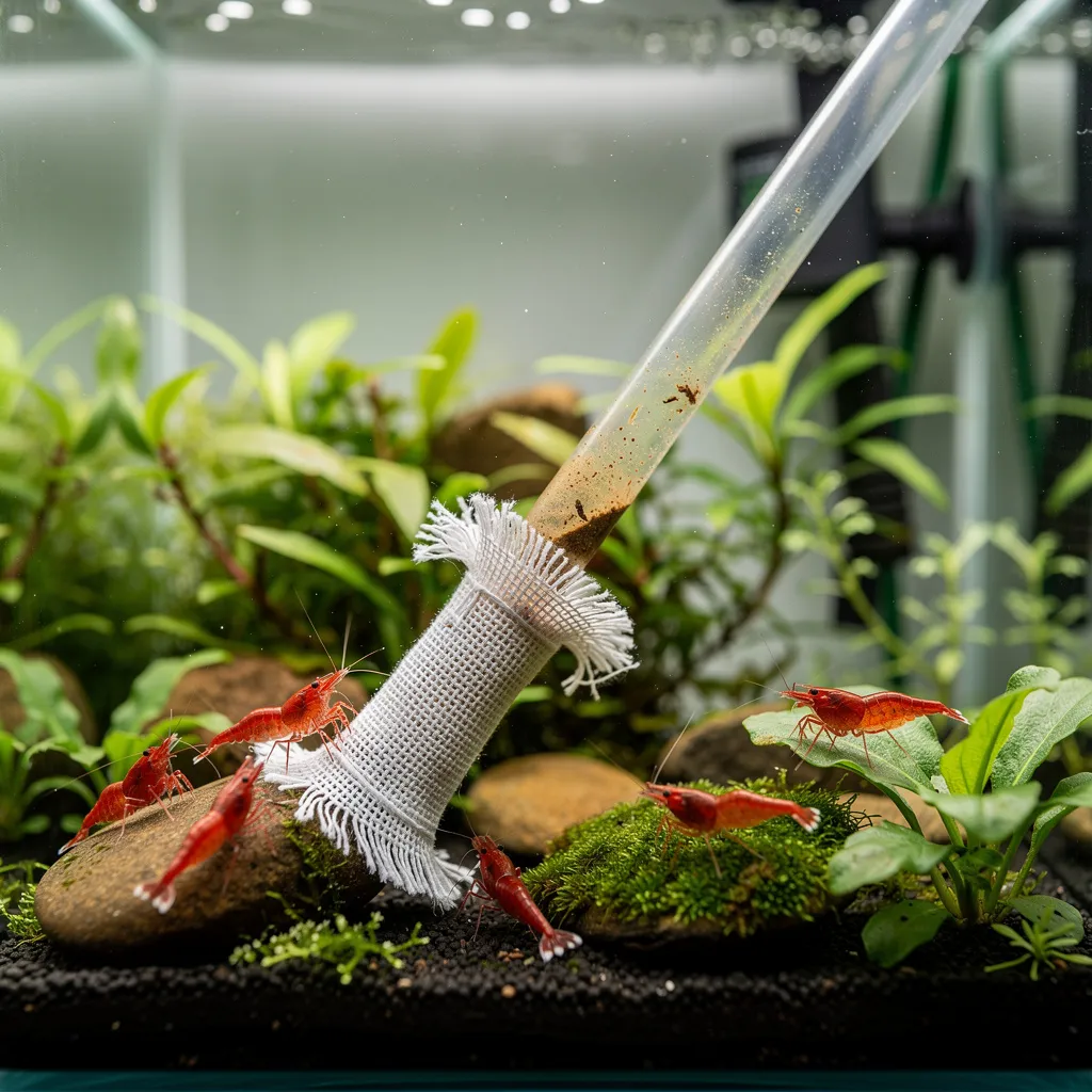Wasserwechsel im Garnelenbecken mit Saugschutz: Feines Netz am Schlauch schützt Babygarnelen