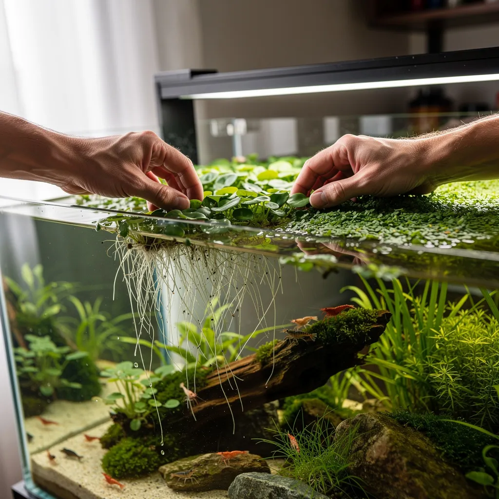 Schwimmpflanzen ausdünnen: Froschbiss wird aus dem Garnelen-Aquascape entfernt für mehr Licht