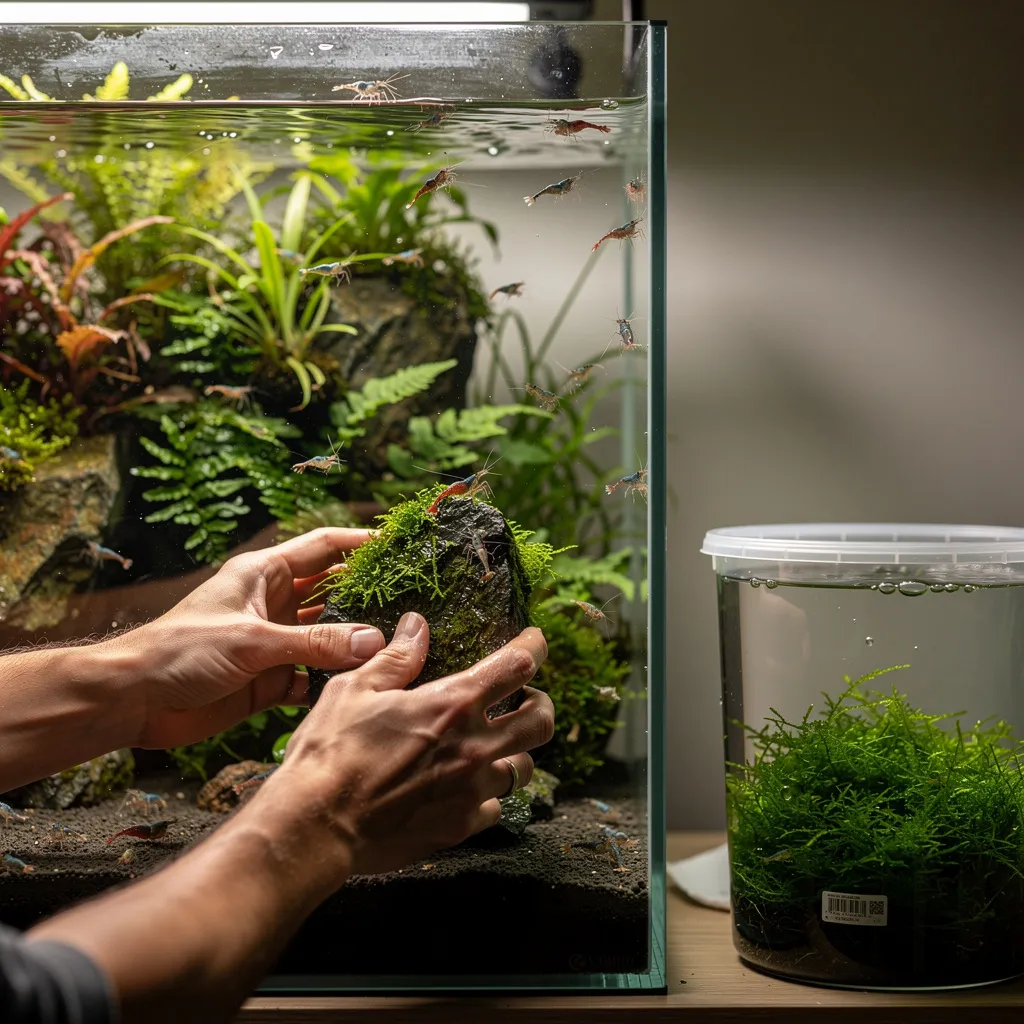 Teilumbau eines eingewachsenen Aquascapes: Moosbewachsener Stein wird vorsichtig umgesetzt