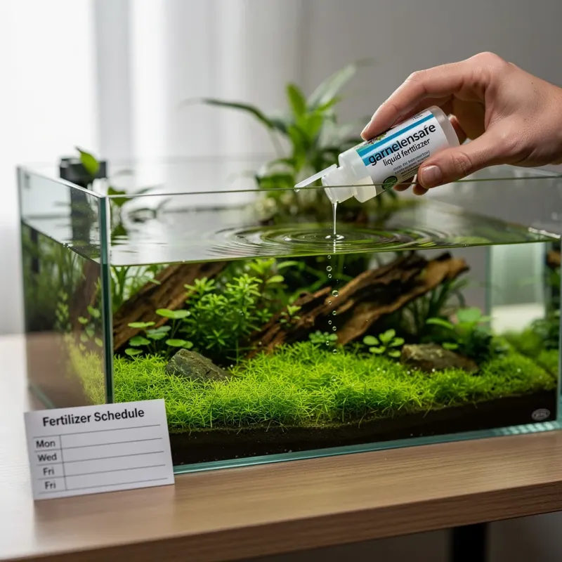 Garnelensicherer Flüssigdünger wird mit Dosierpumpe ins bepflanzte Aquarium gegeben