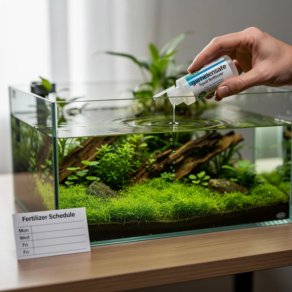 Garnelensicherer Flüssigdünger wird mit Dosierpumpe ins bepflanzte Aquarium gegeben