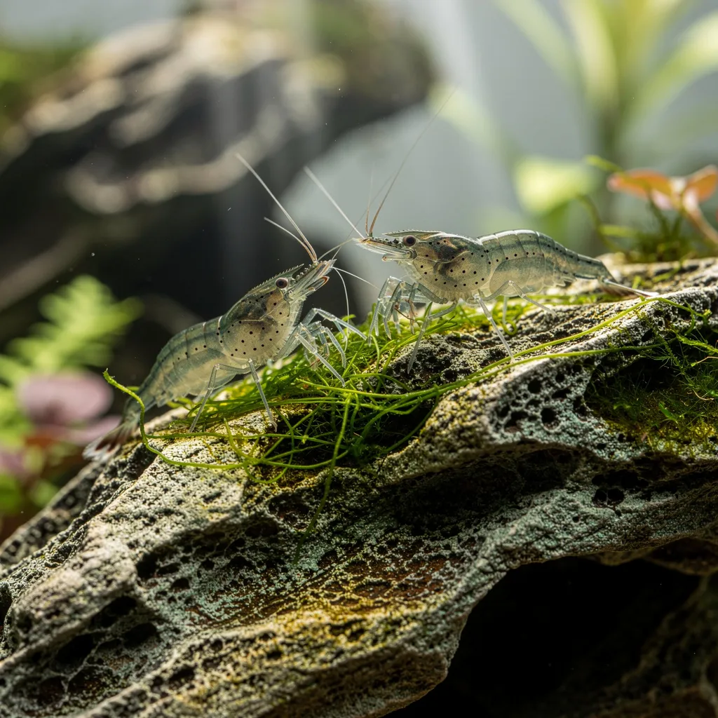 Amano-Garnelen fressen Fadenalgen von einem Stein im Aquascape — biologische Algenbekämpfung