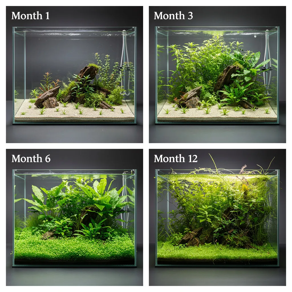 Aquascape-Entwicklung über 12 Monate: Von frisch eingerichtet bis eingewachsen in vier Phasen