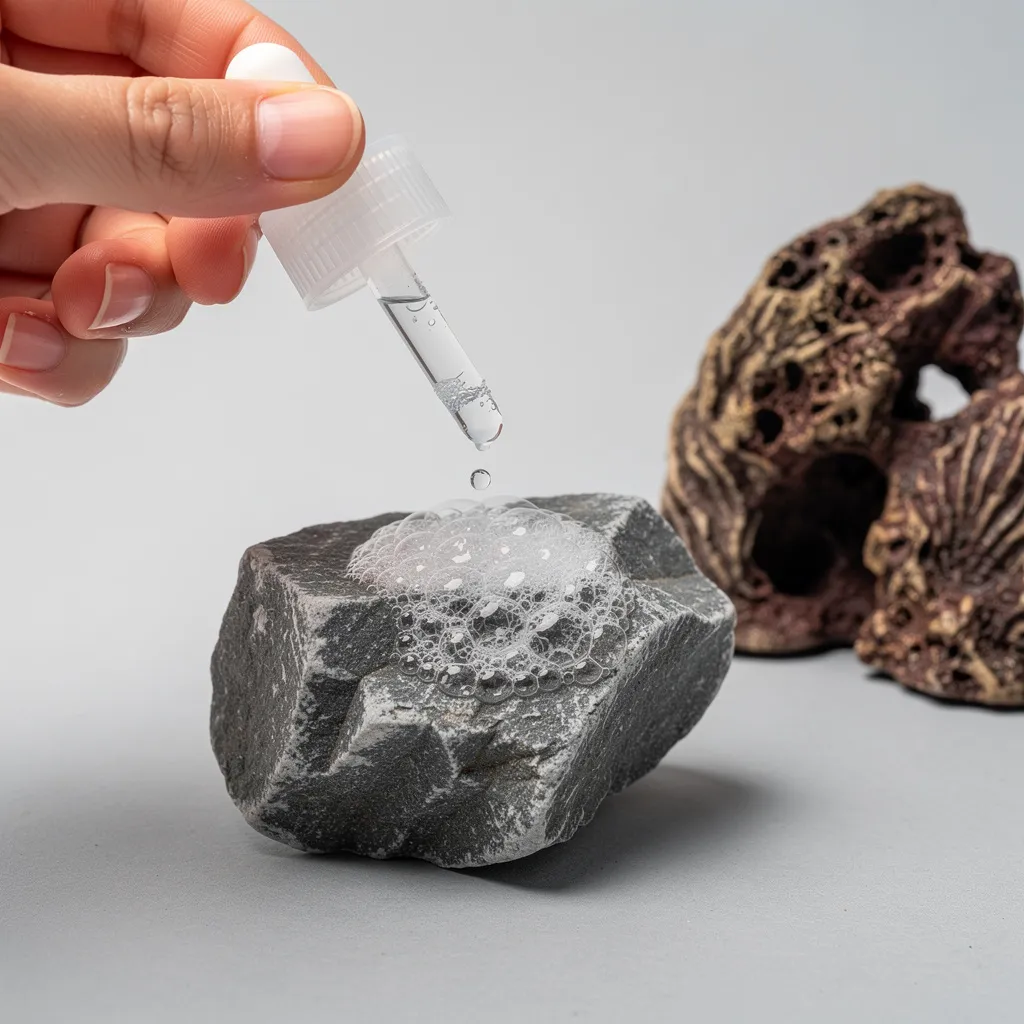 Essigtest auf Seiryu-Stein zeigt Kalkreaktion mit Bläschenbildung im Vergleich zu inertem Stein