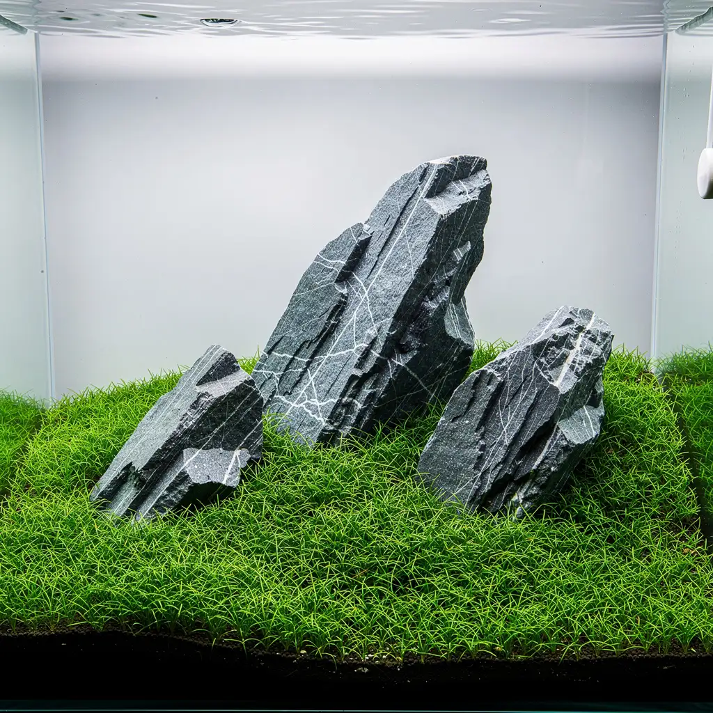 Iwagumi-Steinkomposition mit Oyaishi, Fukuishi und Soeishi nach der Drittelregel