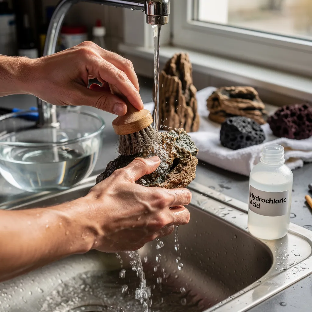 Aquascaping-Steine werden unter fließendem Wasser mit einer Bürste geschrubbt und vorbereitet