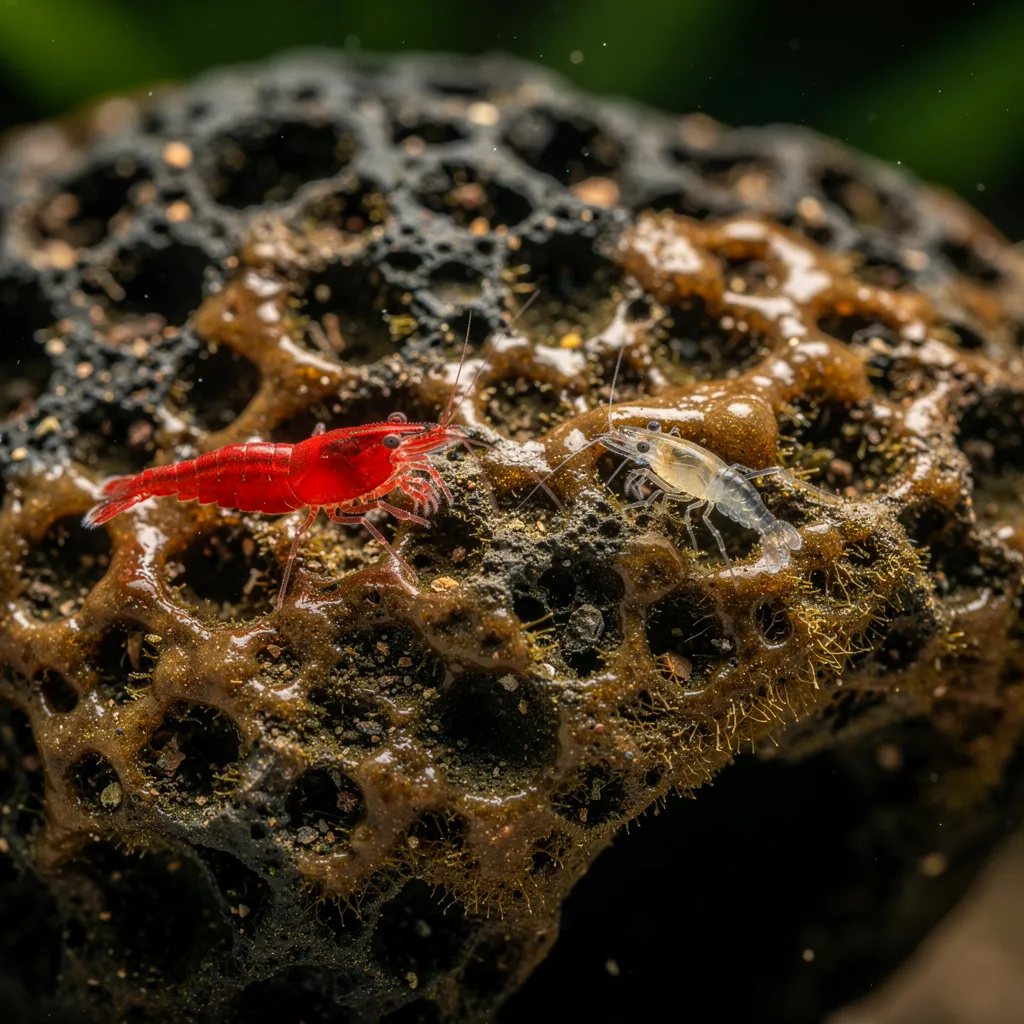 Makroaufnahme von Biofilm auf porösem Lavastein mit grasender Garnele und Jungtier