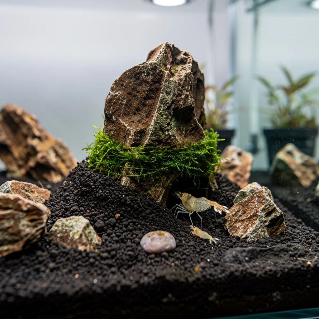 Stein halb in den Bodengrund eingelassen mit Moos am Fuß und Garnele im Spalt