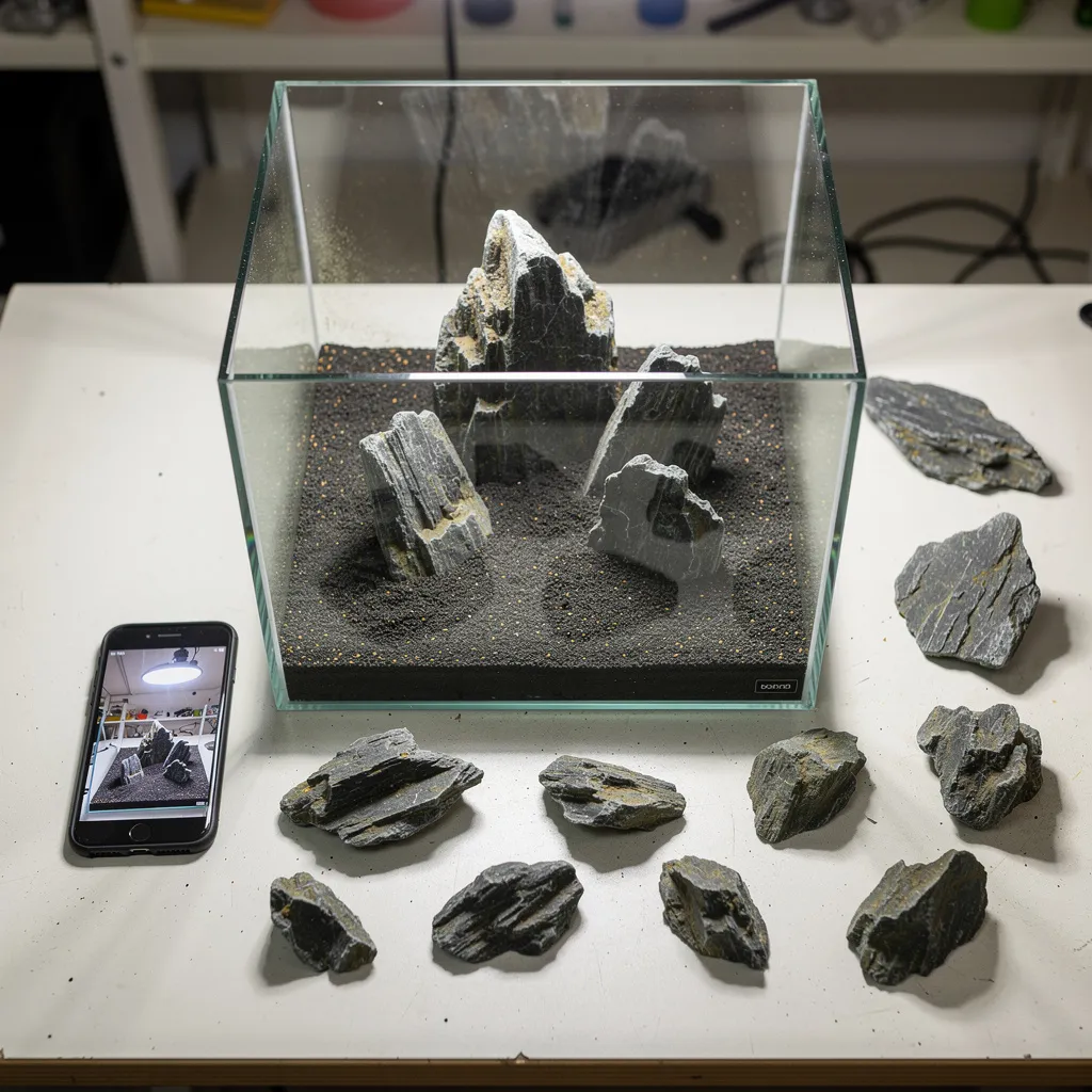 Trockenes Hardscape-Layout wird vor dem Befüllen im Aquarium getestet und per Foto verglichen