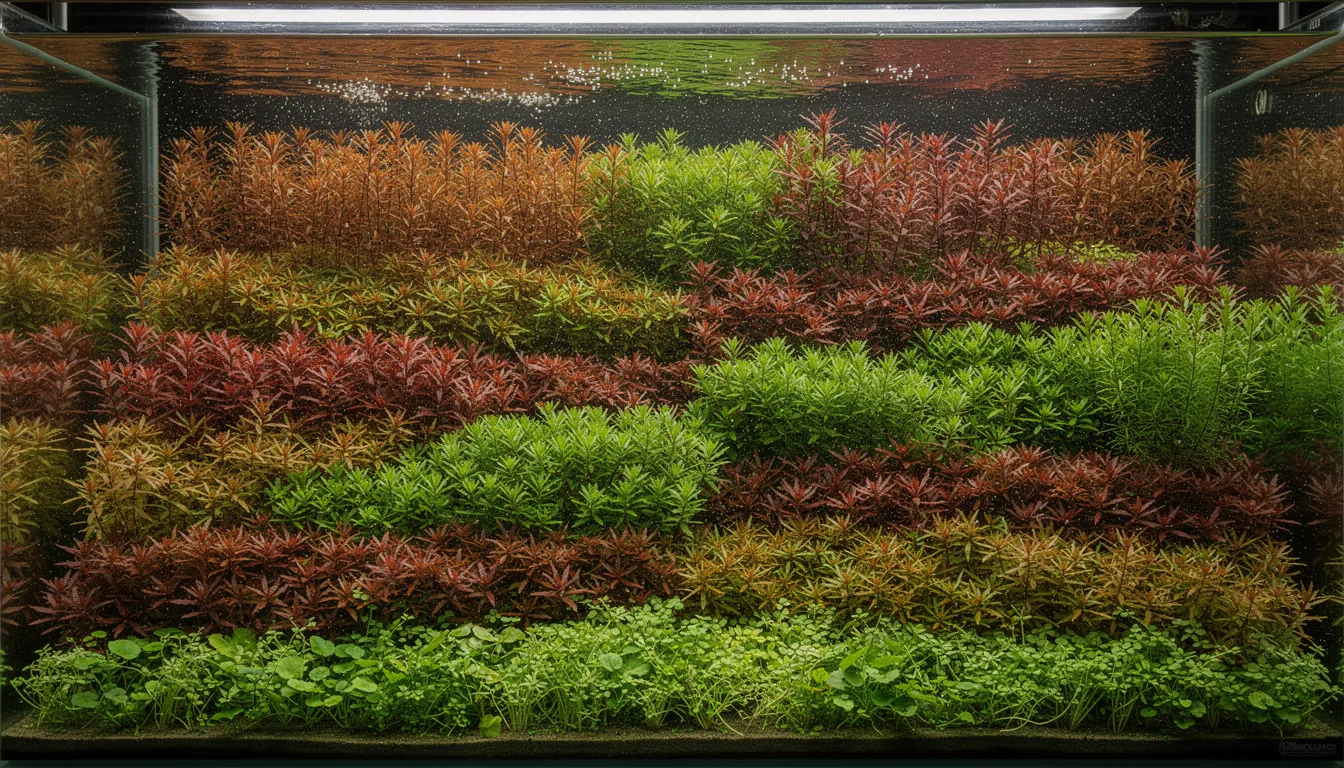 Klassisches Dutch-Style-Aquarium mit bunten Pflanzengruppen in ordentlichen Reihen