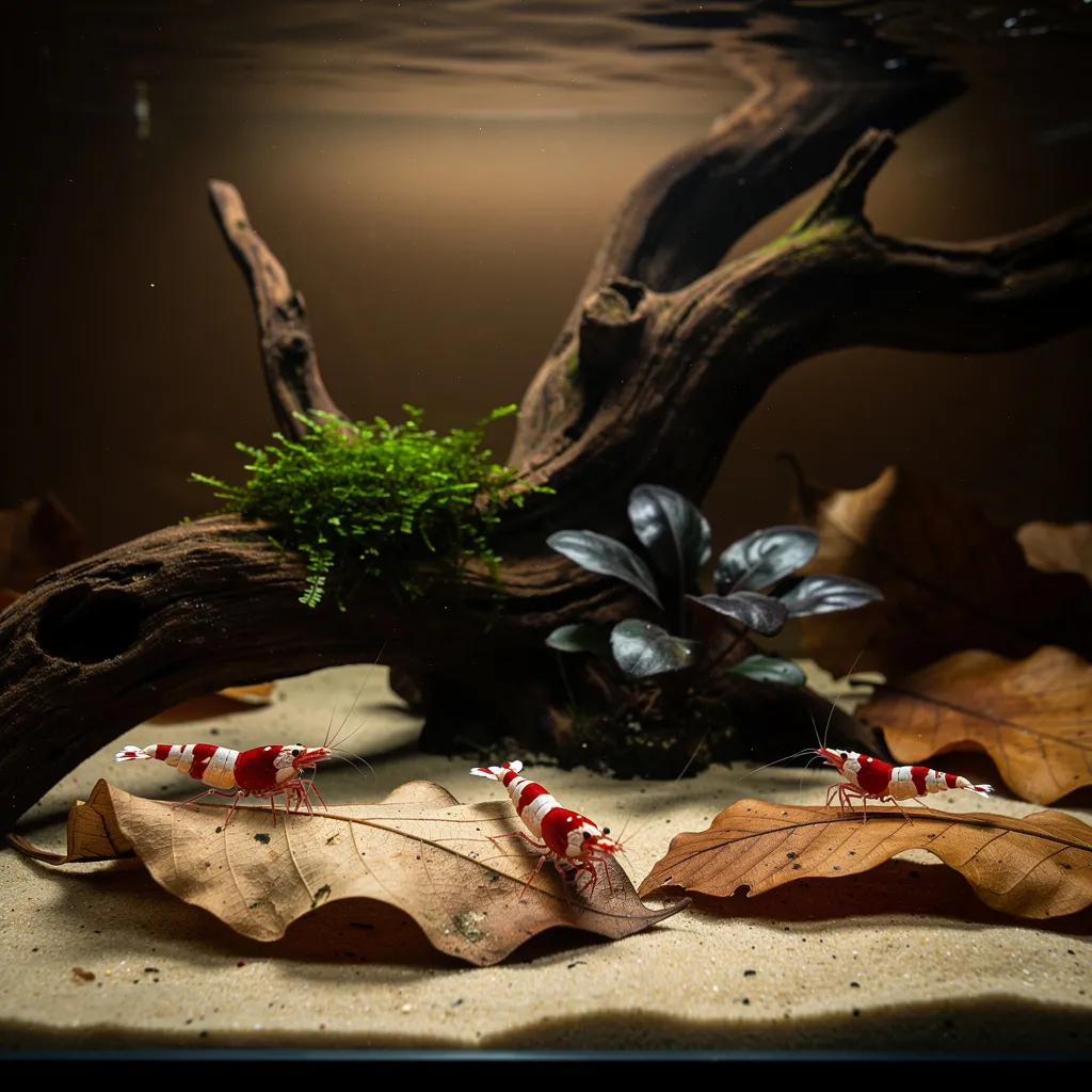 Biotop-Aquarium im Waldbach-Stil mit Schwarzwasser, Laub und Caridina-Garnelen
