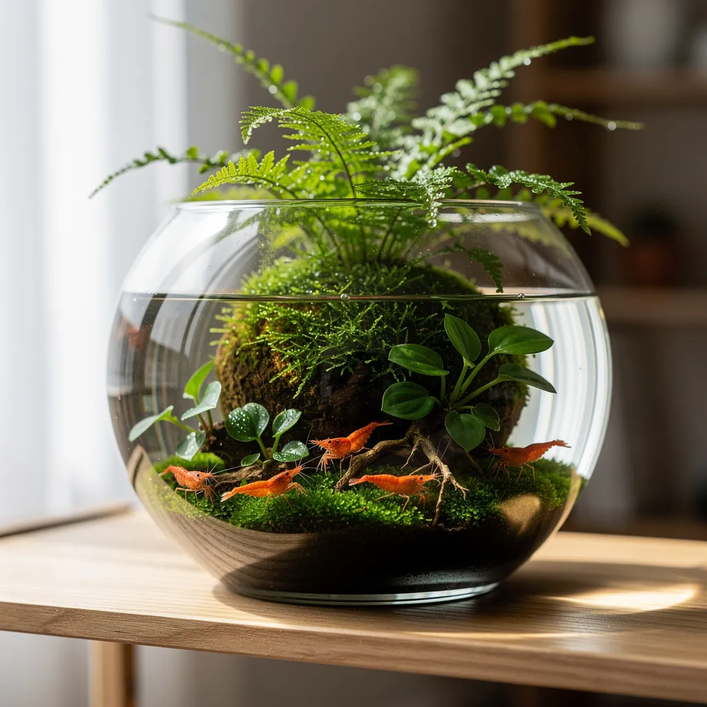 Wabi-Kusa-Becken mit emersen und submersen Pflanzen und Garnelen im offenen Glasgefäß