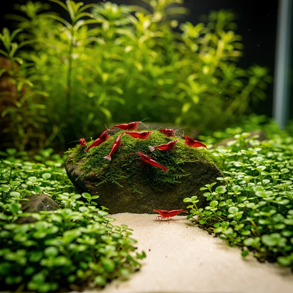 Nature-Aquarium-Detailaufnahme: Moosbedeckter Stein am Goldenen Schnitt mit grasenden Garnelen