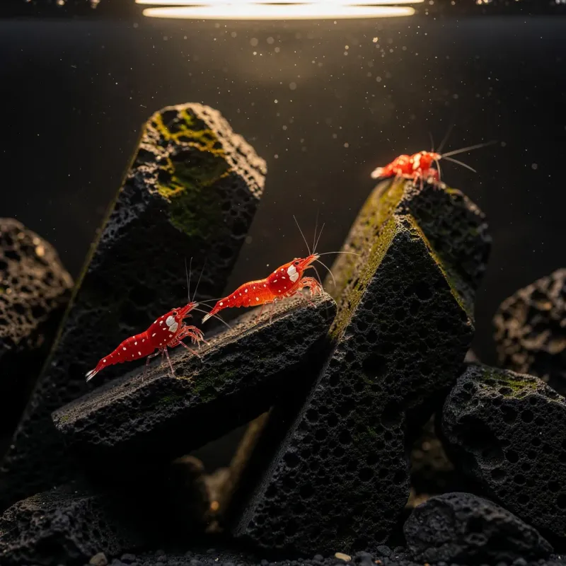 Sulawesi-Biotop-Aquarium mit schwarzem Lavastein und leuchtend roten Kardinalsgarnelen