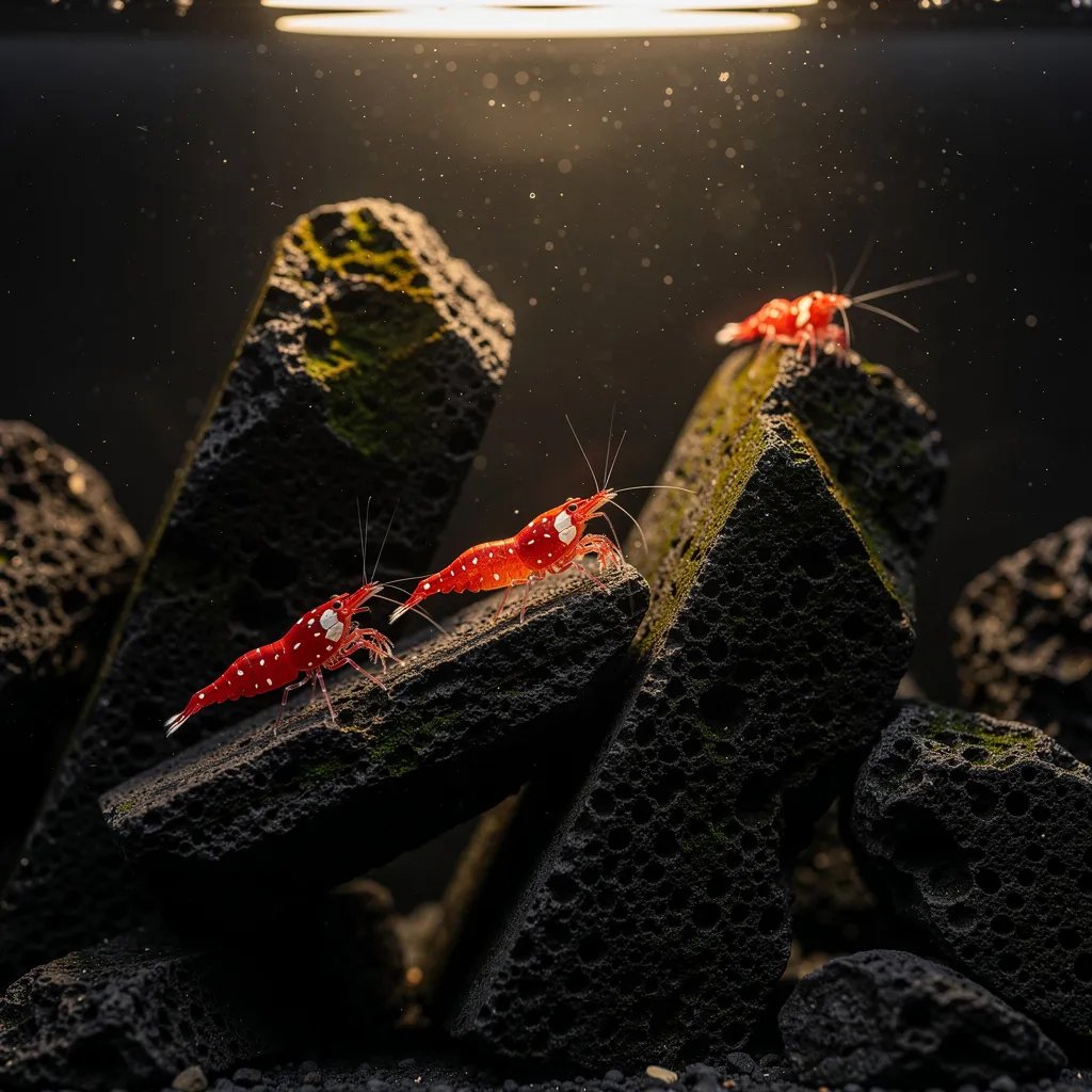 Sulawesi-Biotop-Aquarium mit schwarzem Lavastein und leuchtend roten Kardinalsgarnelen