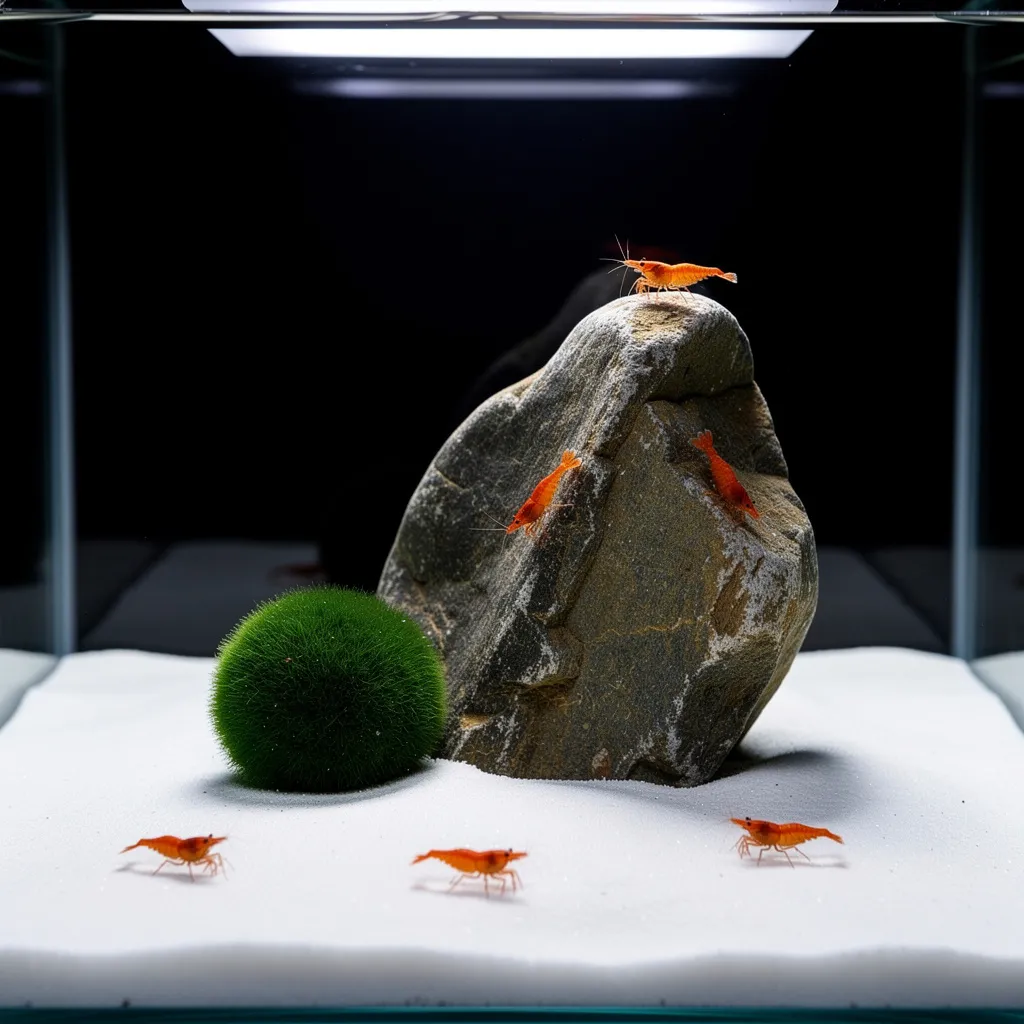 Minimalistisches Zen-Aquascape mit einzelnem Stein, Mooskugel und orangefarbenen Garnelen