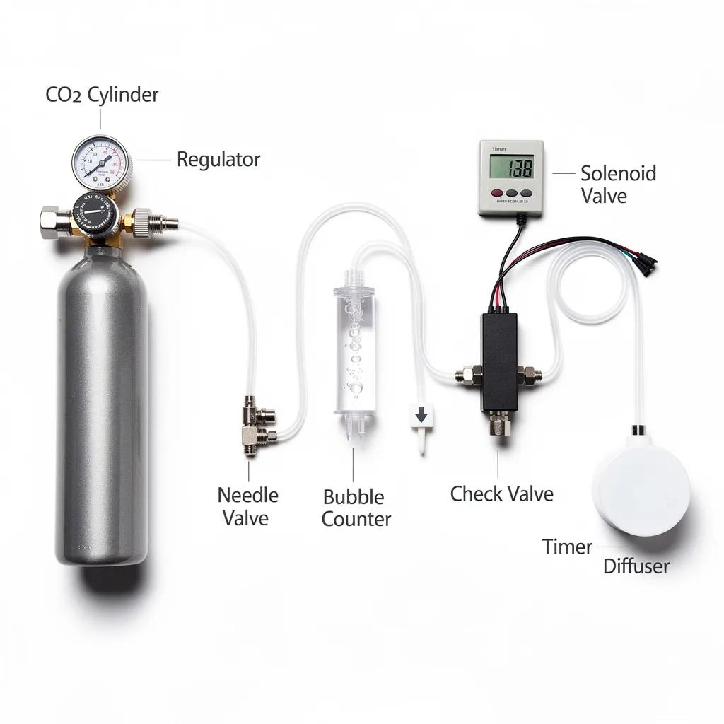 Komplettes CO2-Druckgas-System: Flasche, Druckminderer, Magnetventil, Blasenzähler und Diffusor