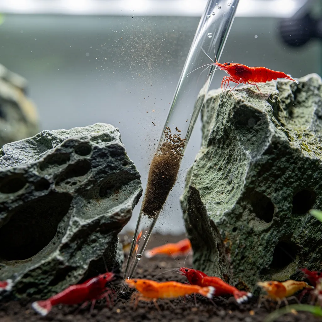 Gezielte Mulm-Entfernung mit Glaspipette zwischen Steinen im Garnelenbecken