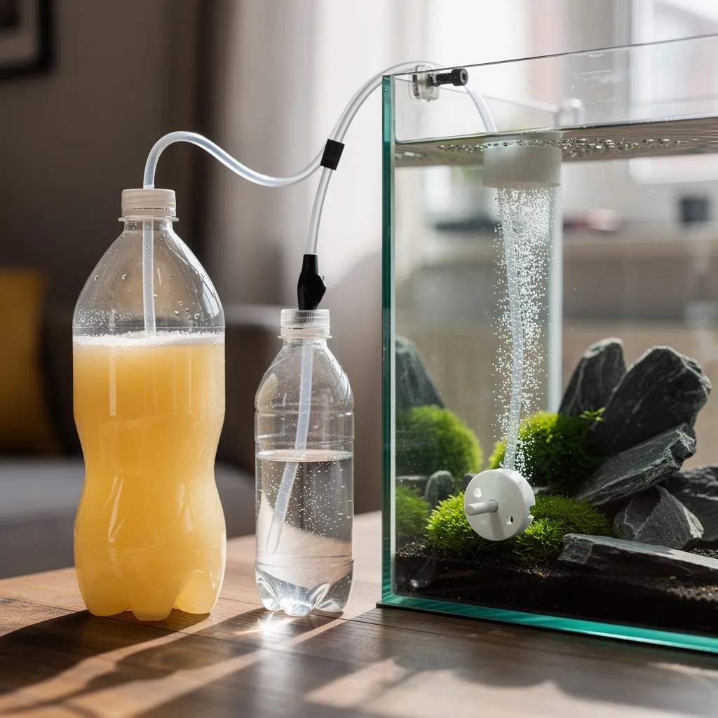 Selbstgebaute Bio-CO2-Anlage mit PET-Flasche, Hefemischung und Keramik-Diffusor am Nano-Becken