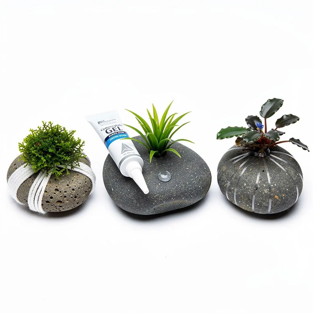 Drei Befestigungsmethoden für Moose und Pflanzen: Sekundenkleber, Baumwollfaden und Angelschnur