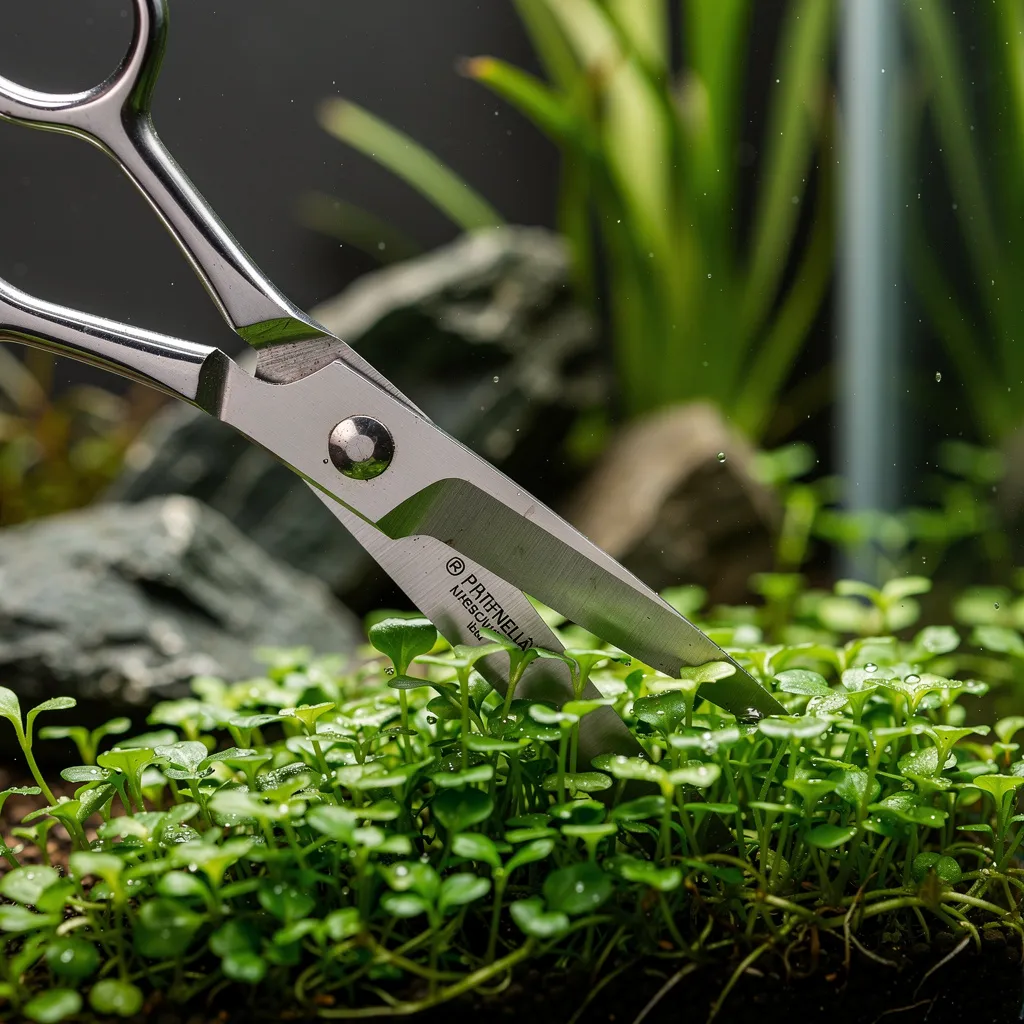 Federschere trimmt Bodendecker-Teppich im Aquascape — ergonomisches Schneiden in einer Bewegung